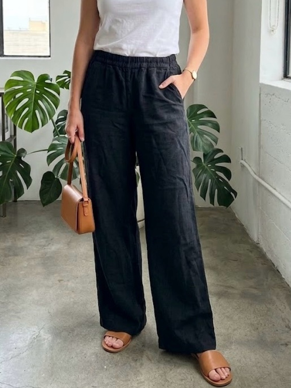 Reitmans Signature Black Wide Leg Linen Pants 14 Petite Breezy Lightweight Boho